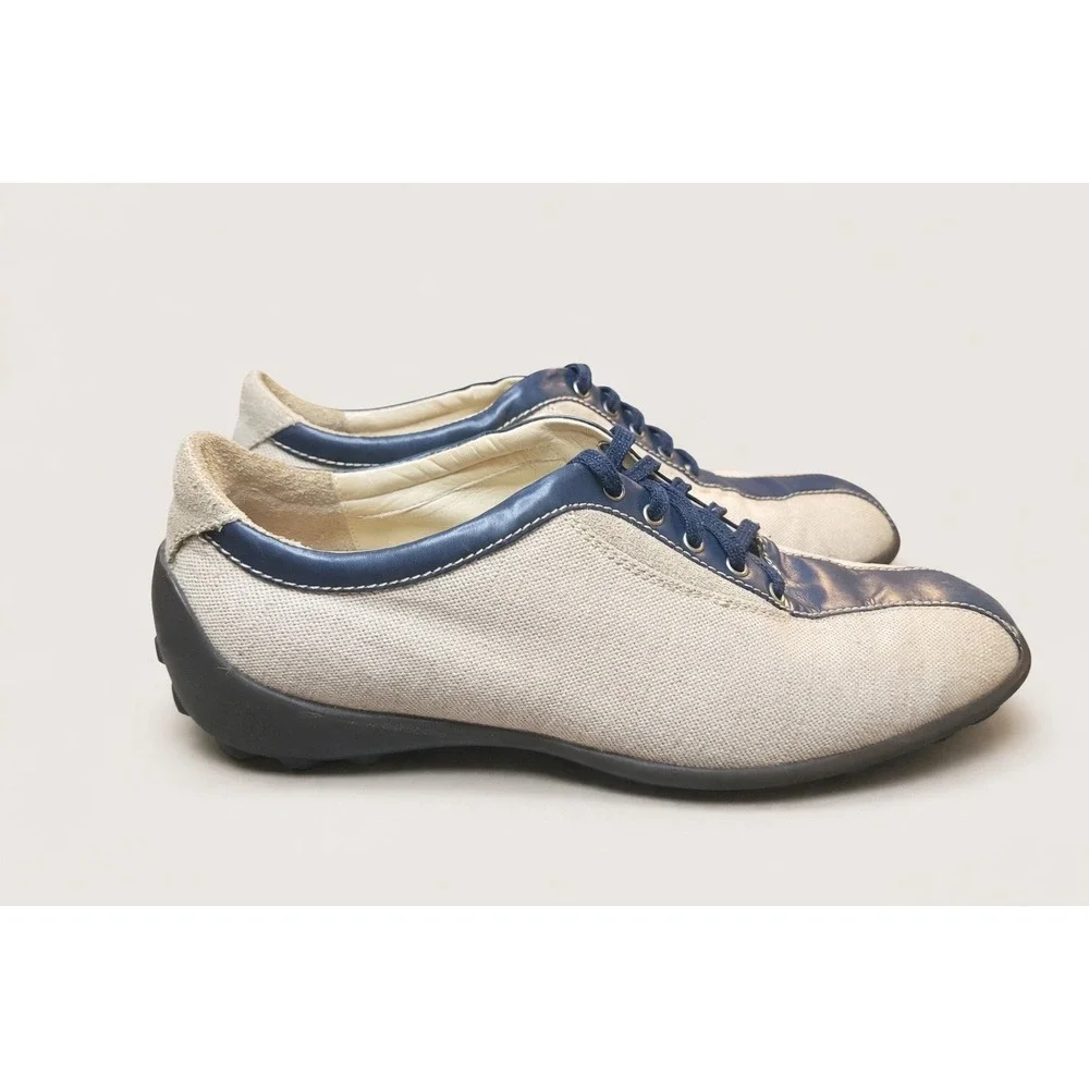 Tod's Navy Leather Linen Sneakers Women's 8.5 Driving Shoes Retro Bowling Italy